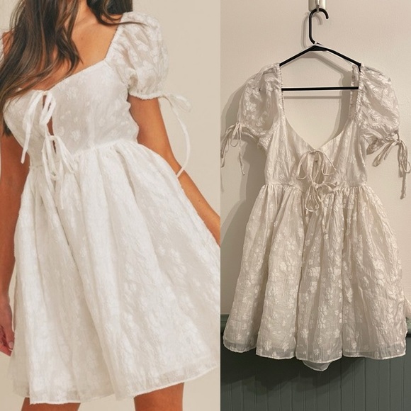 Mable Dresses & Skirts - Mable White Floral Puff Sleeve Babydoll Mini Dress Bride Bridal size large